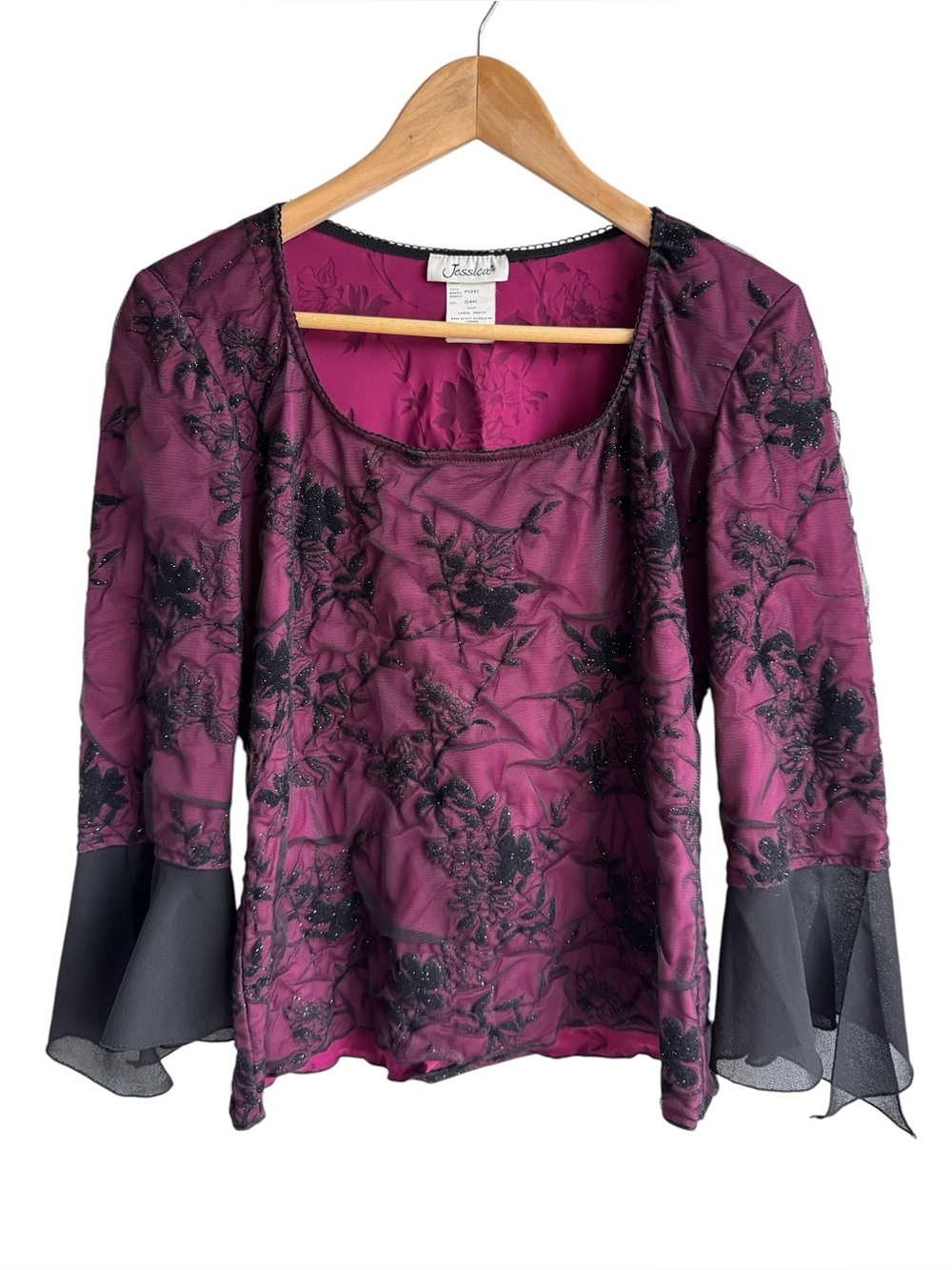 Whimsigoth Mesh Embroidered Top Sz 10 M Sheer Bell Sleeve Floral Witchy Velvet